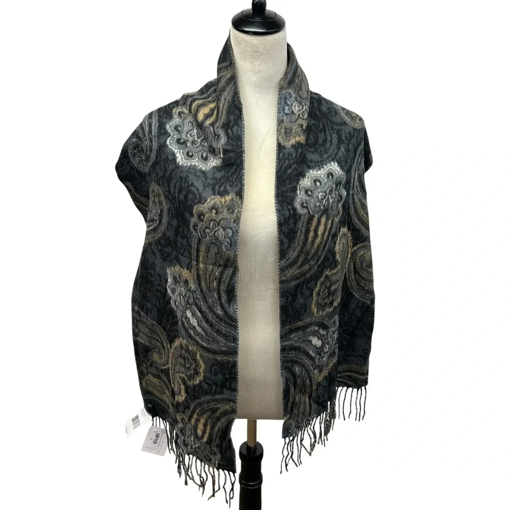 Fraas Cashmink Paisley Fringe Scarf Wrap Shawl Black Gray‎ NWT Soft Winter